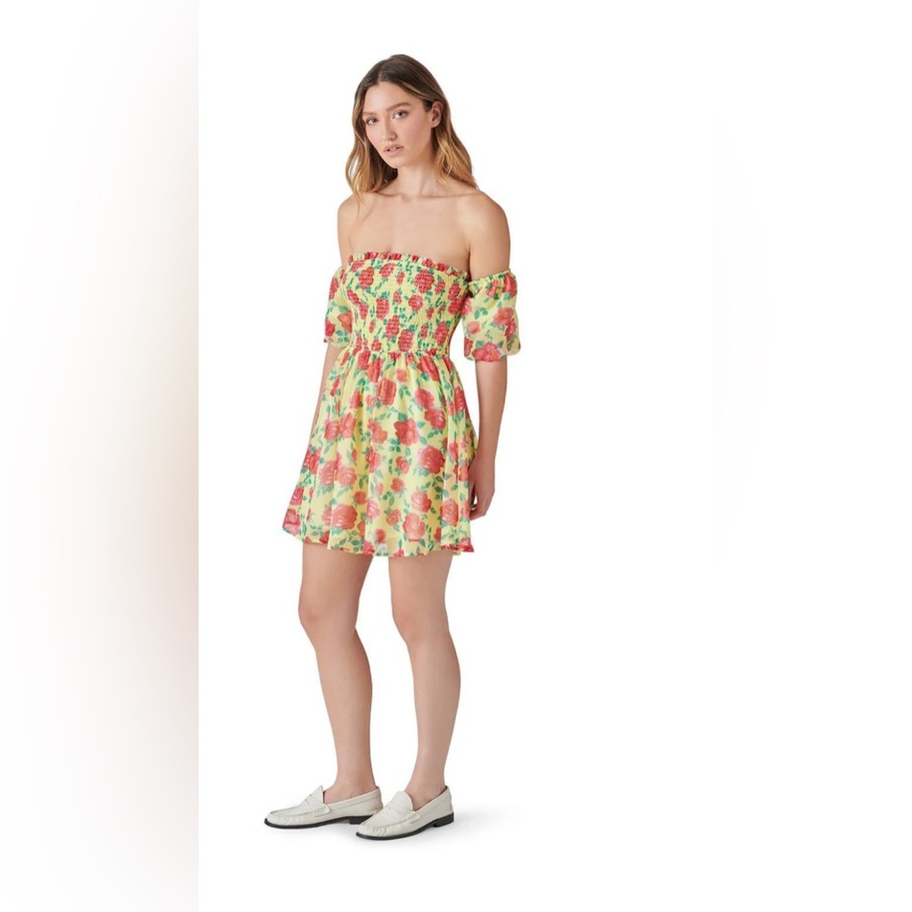 BETSEY JOHNSON Babydoll Yellow Floral Off-Shoulder Puffy Sleeve Mini Dress